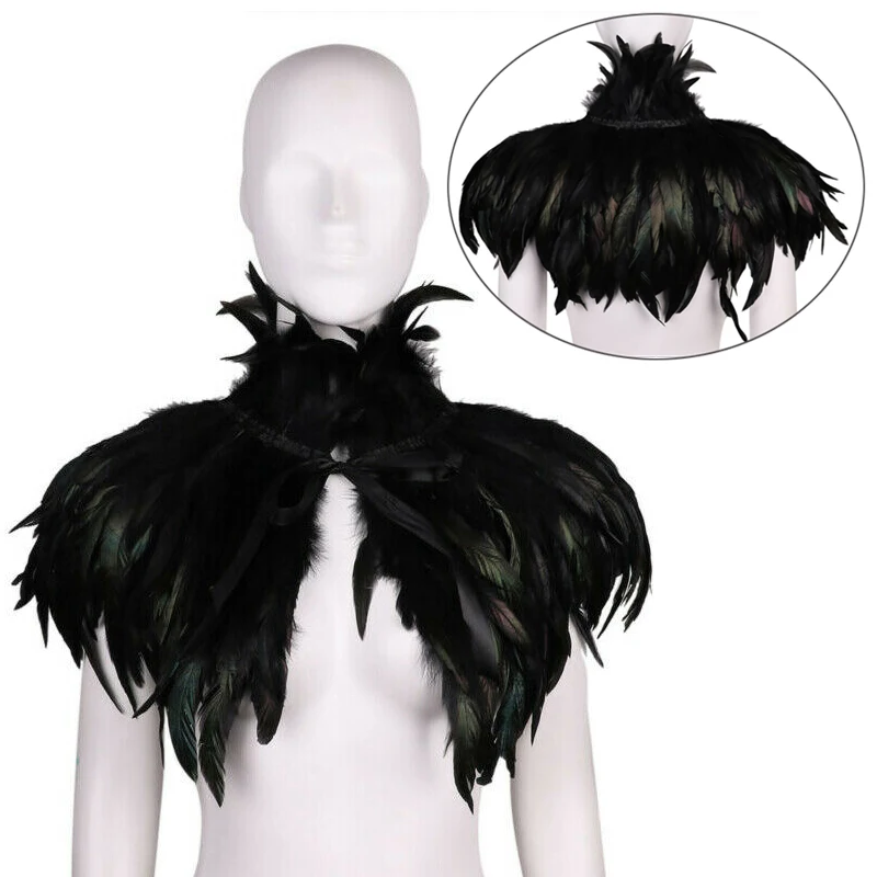 Feather Shrug Shawl Victorian Real Natural Feather Shoulder Wrap Cape Gothic Collar with Ribbon Ties for Cosplay Costume Party