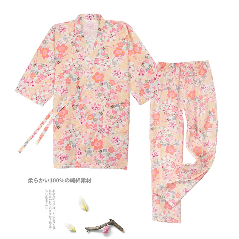 Japanese Tradition Style Sakura Print Pajamas Pants Set Woman Short Sleeve Loose Kimono Yukata Cotton Bathrobe Summer Sleep Wear