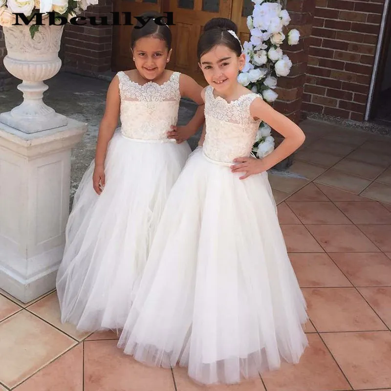 

Mbcullyd White A-line Long Flower Girl Dresses For Weddings 2023 Lace Applique Primera Comunion Gowns New Cheap Brithday Dress