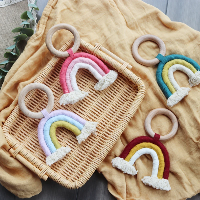 Wooden Baby Teether Rattle Ring Newborn Nursing Teether Sensory Molar Toy Rainbow Tassel Macrame  Baby Shower Gifts