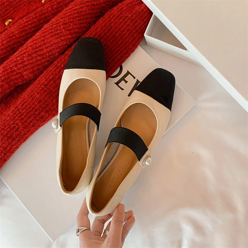 Meotina Women Mary Janes Shoes Genuine Leather Flat Shoes Square Toe Hook Ladies Footwear 2022 Spring Beige Apricot Cow Leather