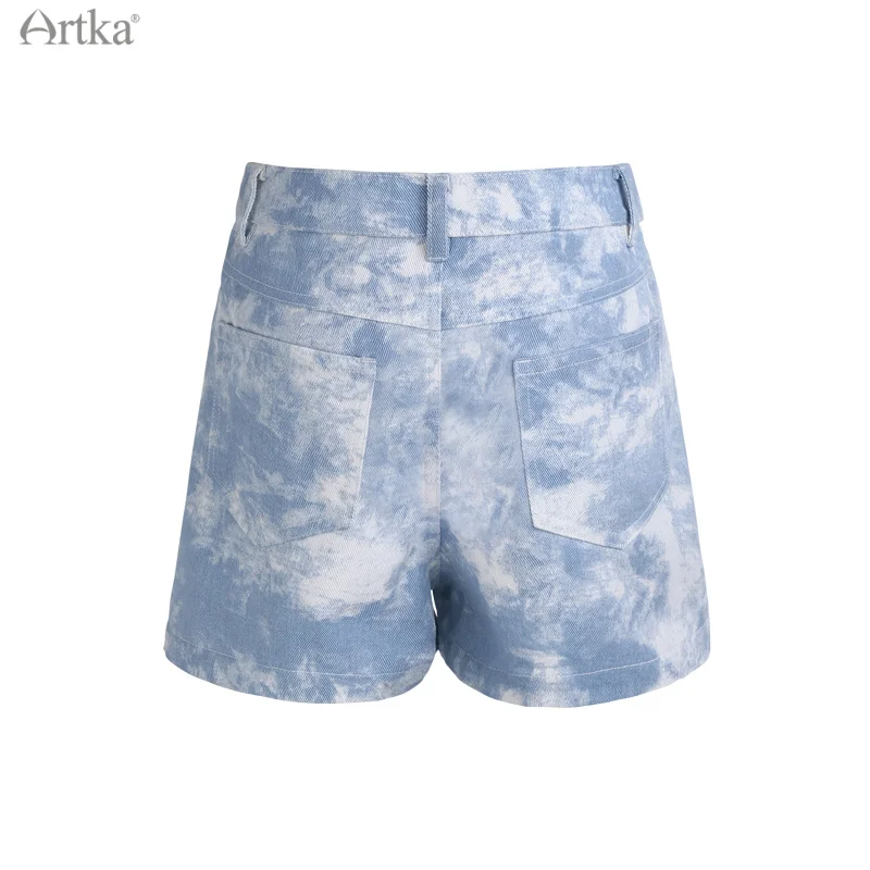 ARTKA-pantalones cortos de tela vaquera para mujer, Shorts informales de cintura alta con diseño teñido anudado, color azul, con bolsillo, KN22016X, novedad de verano 2021