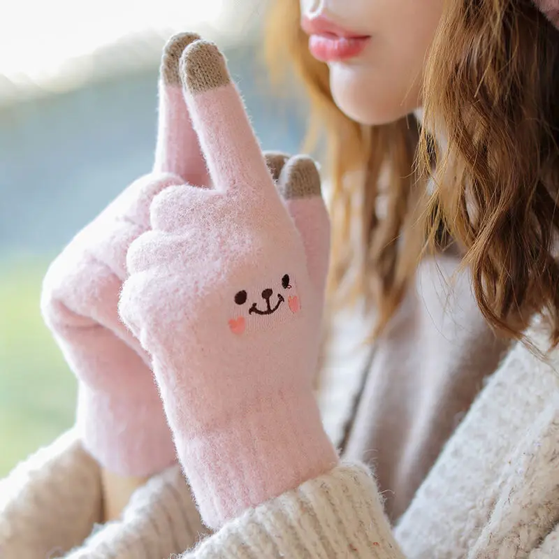 Women's Touch Screen Knitted Gloves Autumn Winter Warm Thick Cute Embroidered Full Finger Imitation Mink Velvet Skiing Gloves