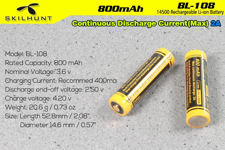 Skilhunt BL-108 3.6V 800mAh 14500 rechargeable Li-ion battery