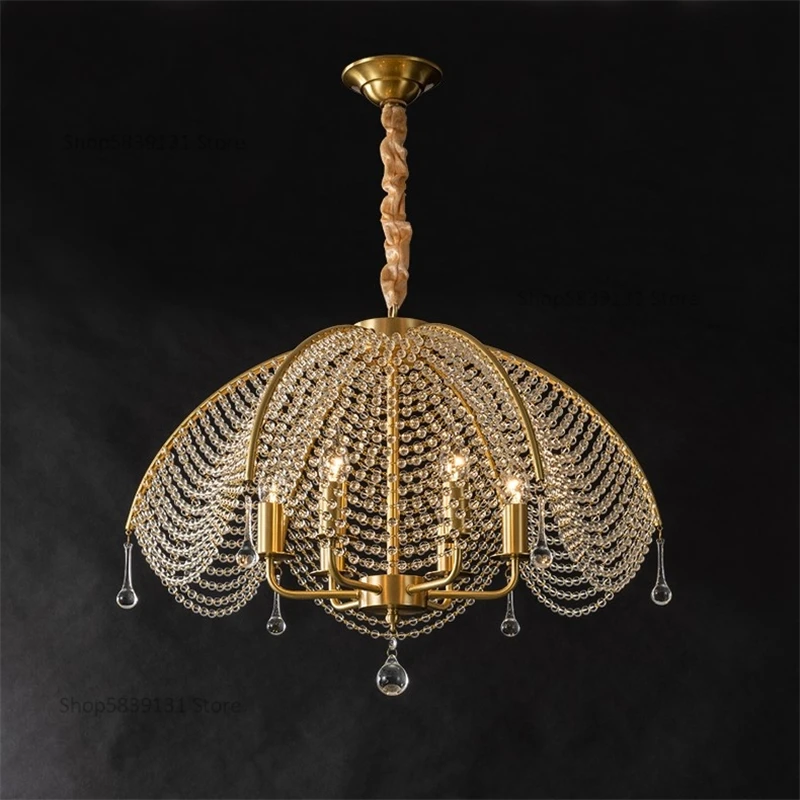 All Copper Crystal Ceiling Chandelier Nordic Light Luxury Living Room Bedroom Lamp American Restaurant Light Whole House Lamps