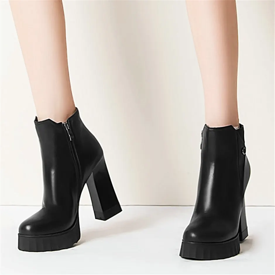 New Punk Goth Ankle Boots Women Genuine Leather High Heel Motorcycle Boots Female High Top Round Toe Chunky Platform Pumps Shoes