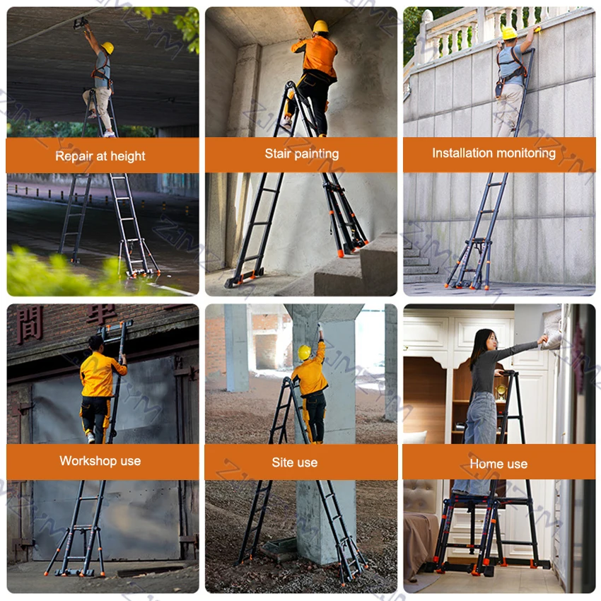2.1+2.1m Multifunctional Folding Ladder Thickened Aluminum Alloy Ladder Herringbone/Straight Dual-use Portable Telescopic Ladder