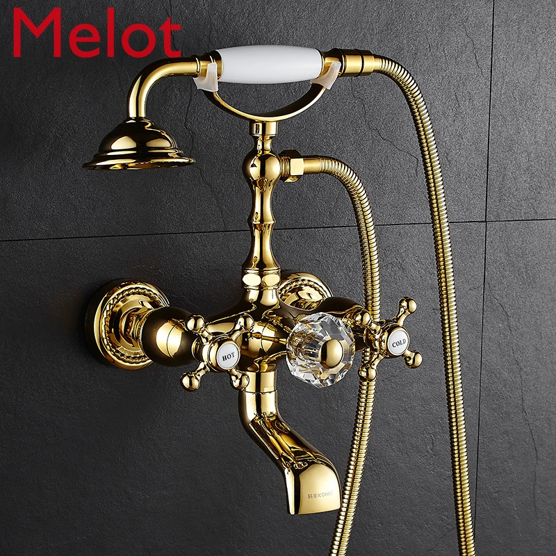 Luxury Crystal Handle Bathtub Gold Brass Faucet with Hand Shower Telephone Type Bath Faucets Sets Mixer Tap Wall Mounted