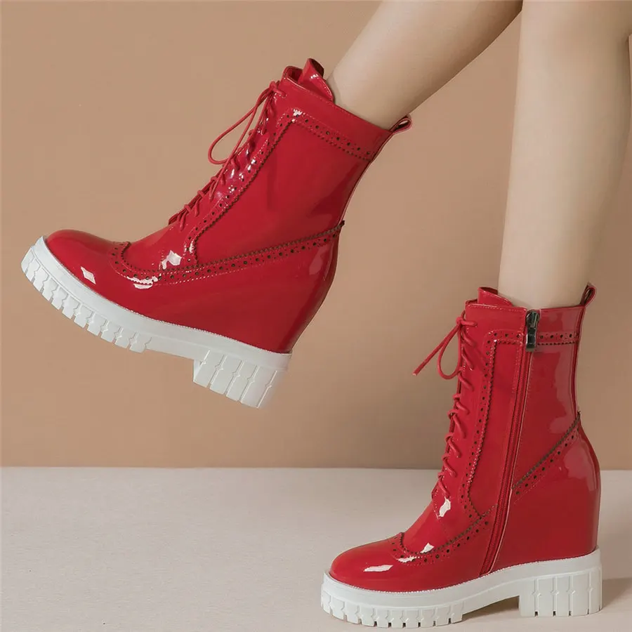 Chic Shoes Women Lace Up Cow Leather High Heel Vulcanized Shoes Female Round Toe Fashion Sneakers High Top Platform Pumps Shoes