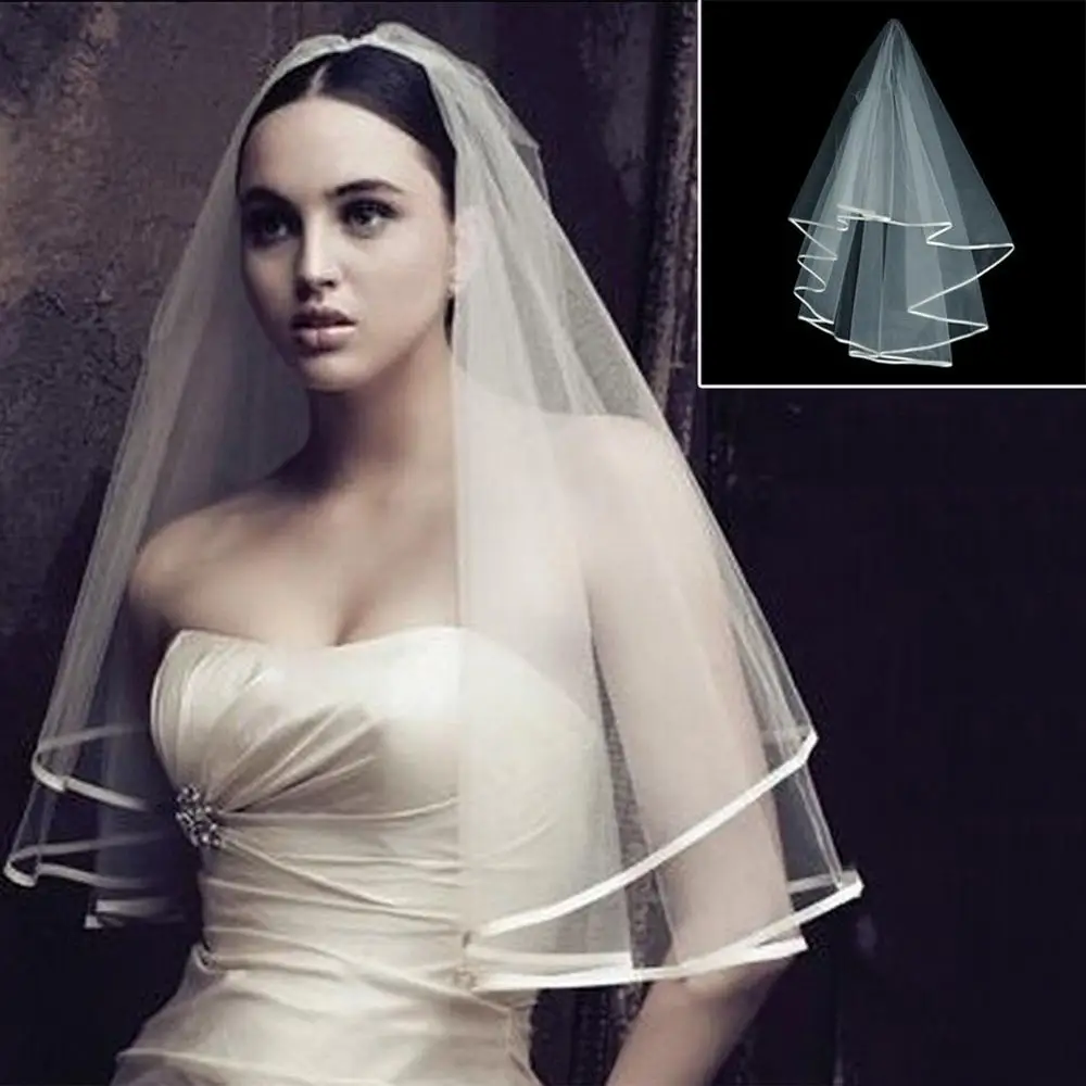 Simple and Elegent Wedding Veil Bridal Tulle Veils with Comb and Lace Ribbon Edge White Ivory