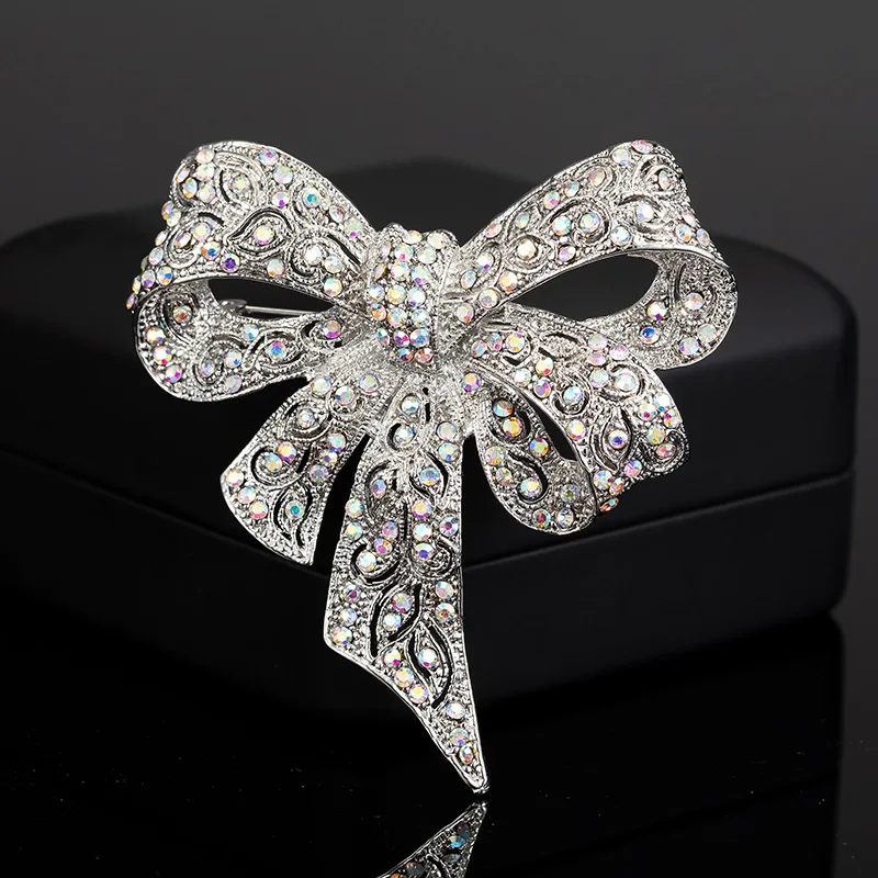 Black Color Rhinestone Bow Brooches for Women Large Bowknot Brooch Pin Vintage Fashion Jewelry Winter Accessories