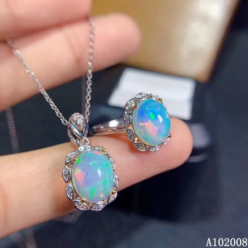 

KJJEAXCMY Fine Jewelry 925 Sterling Silver Inlaid Natural opal Gemstone fashion Ring Necklace Pendant Set Support test