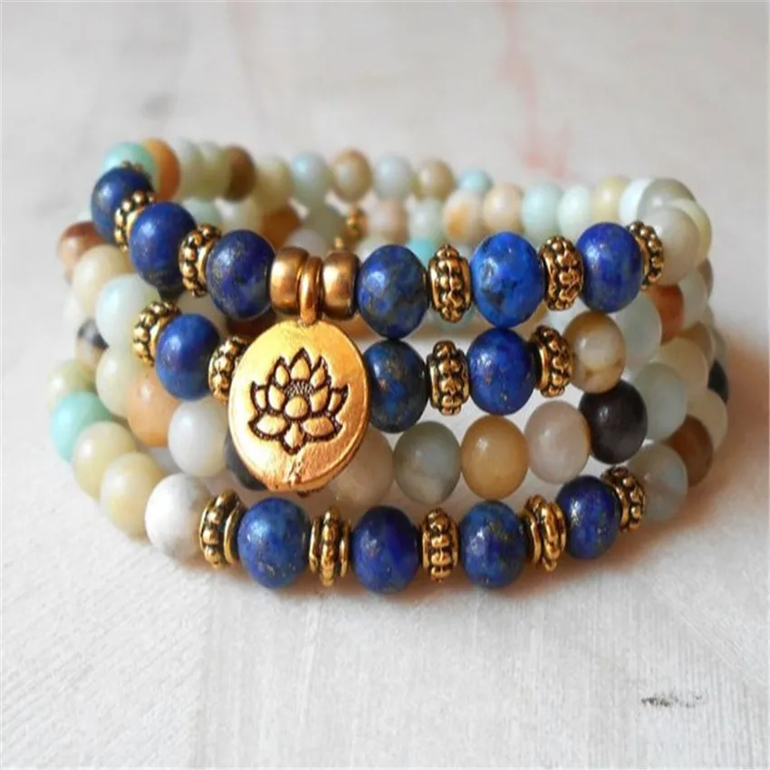 

6mm Amazonite Lapis Lazuli 108 Bead Pendant Bracelet Pray Meditation Stress Buddhism Prayer