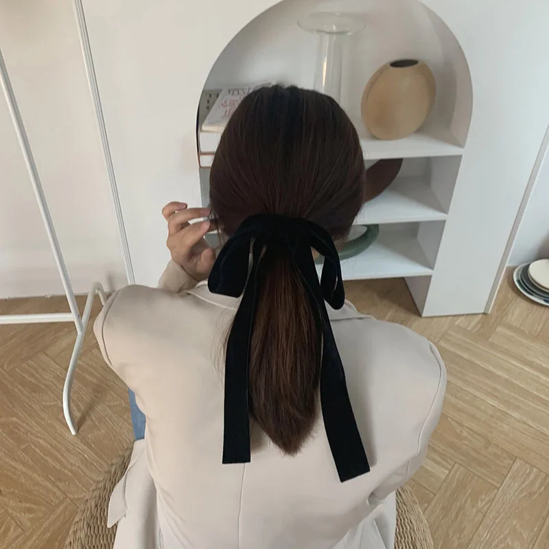 French Lazy Tassel Elastic Hair Bands Double Side Velvet Hair Rope Black Ponytail Holder Bowknot Streamer Hair Scrunhies Ties