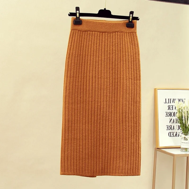 Mid-long Knitted Half-length Skirt Women\'s High waist One-step Skirt Autumn And Winter Hip Skirt Open-forked Elegant Skirts