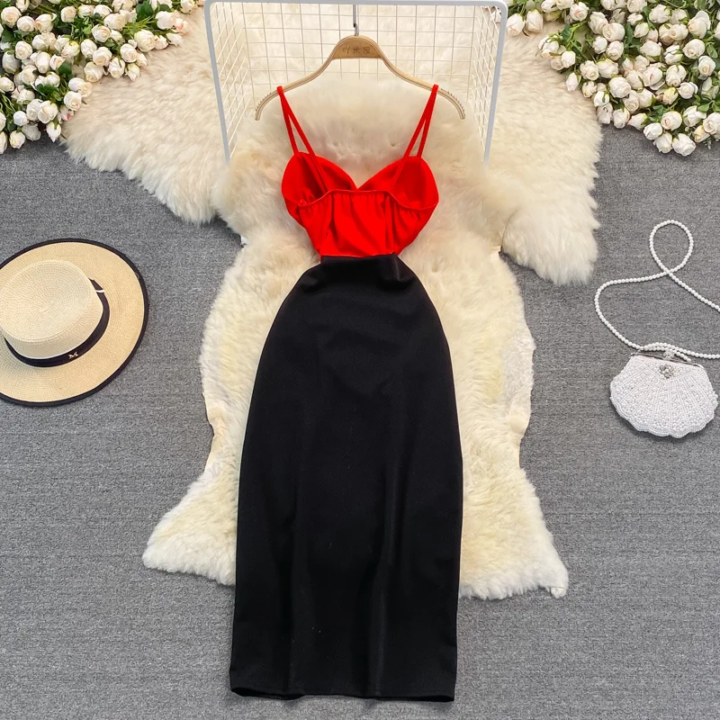 Summer Fashion Black Patchwork High Waist Strapless Long Dress Women Sexy Bodycon Split Hip Wrap Slip Dress Party Evening