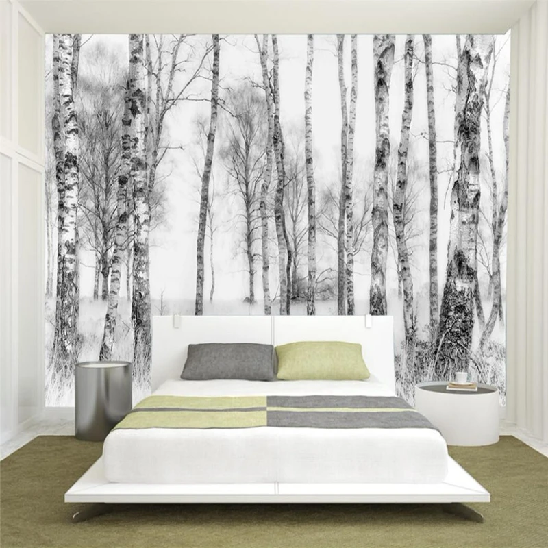 

Custom Mural Wallpaper Black And White Hand Painted White Birch TV Furniture Decoration Background Wall Painting