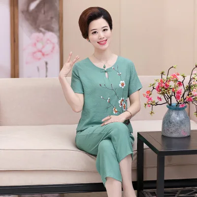 Middle-aged mother short-sleeved suit female summer cotton linen pajamas two-piece set women\'s home clothes out wear pijama 4XL