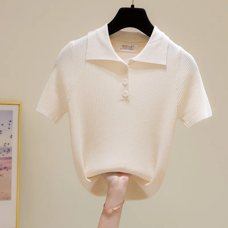 Vintage Polo Lapel Shirt Women T-Shirts 2021 Summer Knitted Short Sleeve Summer Solid Turndown Collar Button Elegant Slim Top