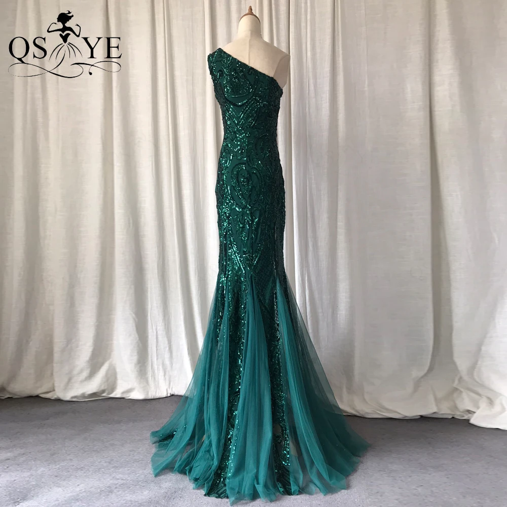 Une épaule émeraude robes de soirée vert paillettes longue sirène robe de bal paillettes robe de soirée élégante motif dentelle robe formelle