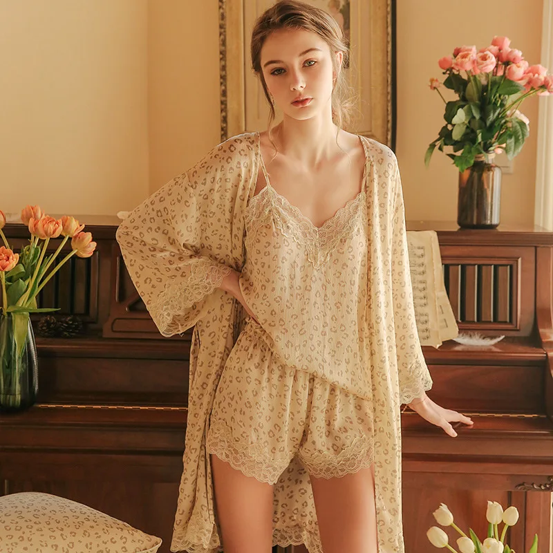 Sexy Lace Trim 4pcs Pajamas Set Leopard Satin Sleepwear Suit Kimono Bath Robe Gown Female Nightwear Home Cloth Casual Homewear