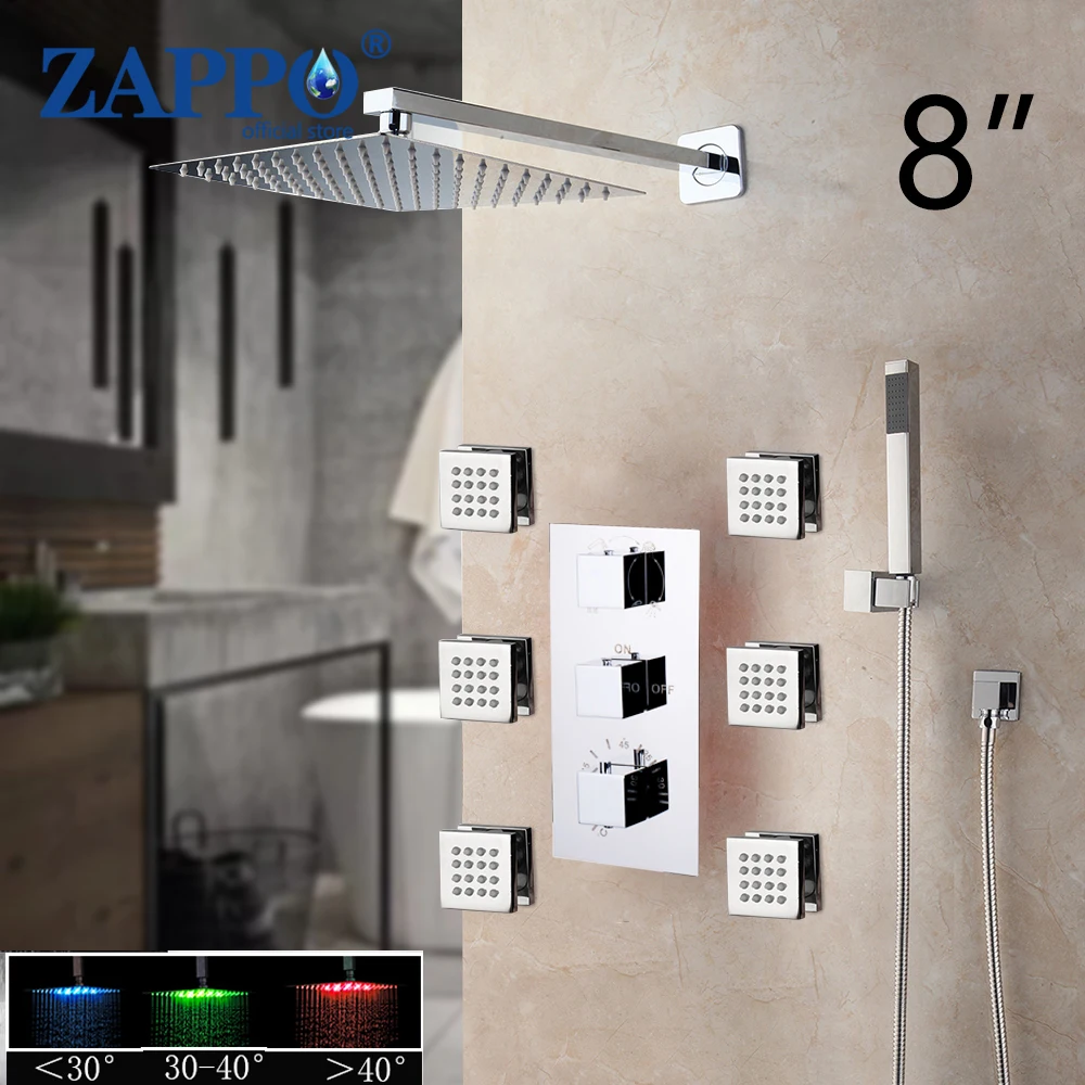 ZAPPO Rainfall LED Chrome Polished Bathroom Shower Faucet Thermostatic Valve Mixer Tap W/ 6 Message Jets Shower Mixer Set