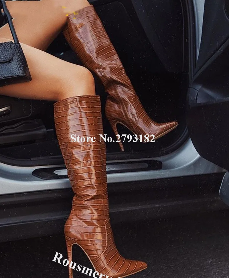 

Newest Fashion Pointed Toe Snake Leather Stiletto Heel Knee High Boots Brown Long High Heel Boots Club Dress Shoes