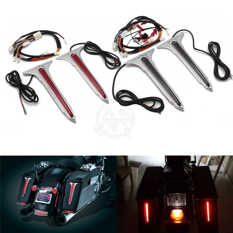 1set Chrome Wedge LED Brake Tail Light Warning Light Rear Saddlebag Accents Lights Smoke/Red Lenses For Harley Touring 1993-2013