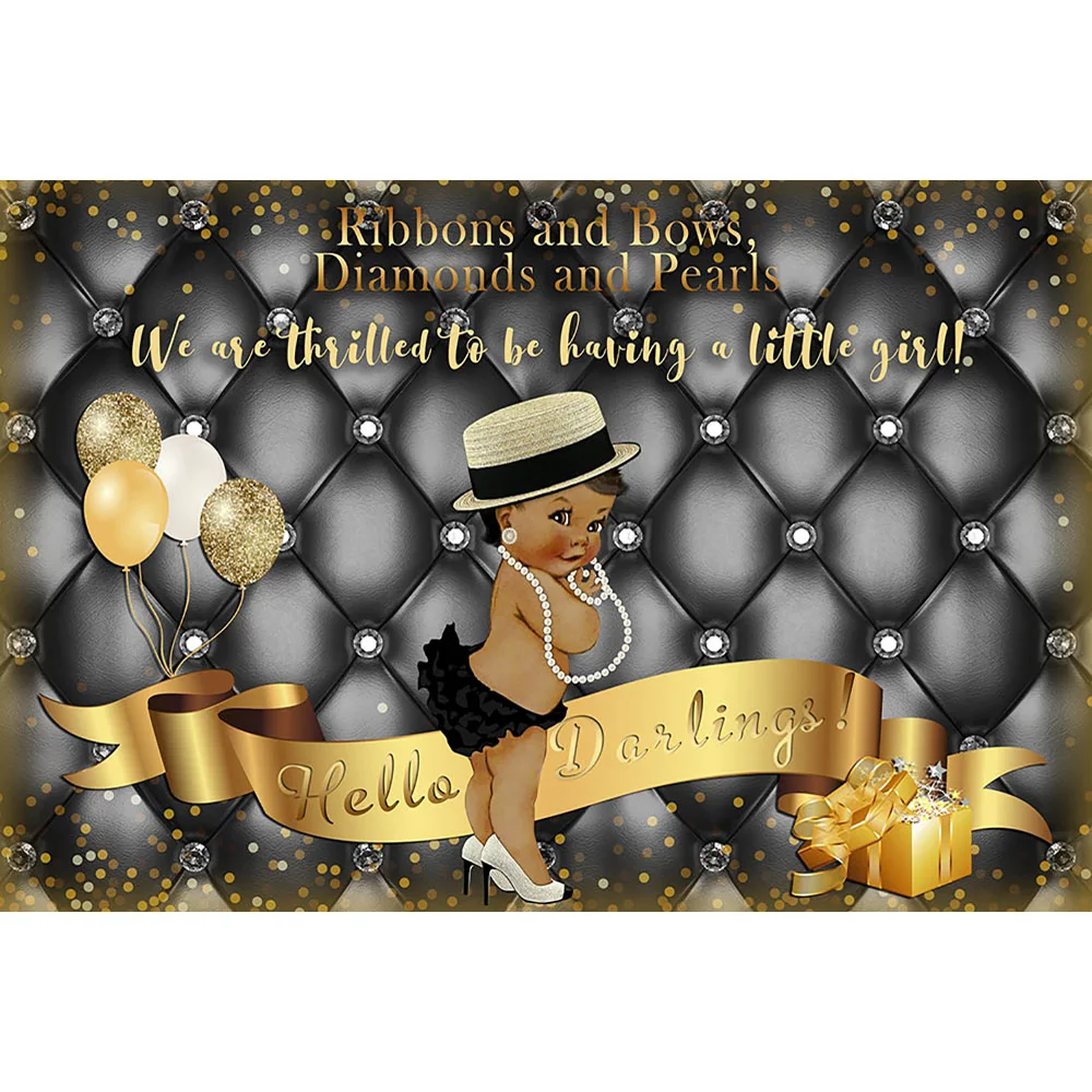 Meisje Baby Douche Achtergrond Linten En Strikken Diamanten En Peals Party Achtergrond Gift Pasgeboren Prinses Ballonnen Goud Zwart