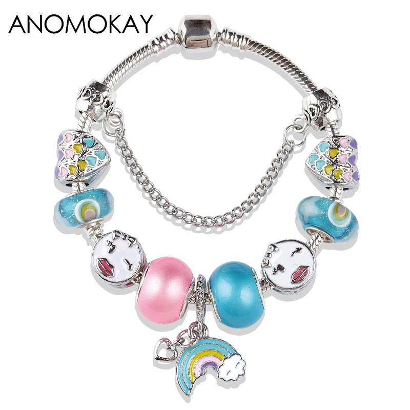 New Design Colorful Rainbow Moon Charm Bracelet Antique Silver Plated Heart Smile Face Diy Bead Bracelet Fashion Jewelry Gift