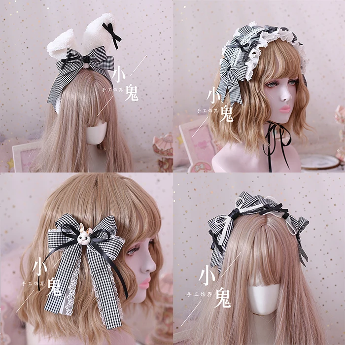 Lolita faixa de cabelo alice artesanal, objetos pequenos preto e branco, grade de cabelo com orelhas de coelho kc, manga de clipe lateral