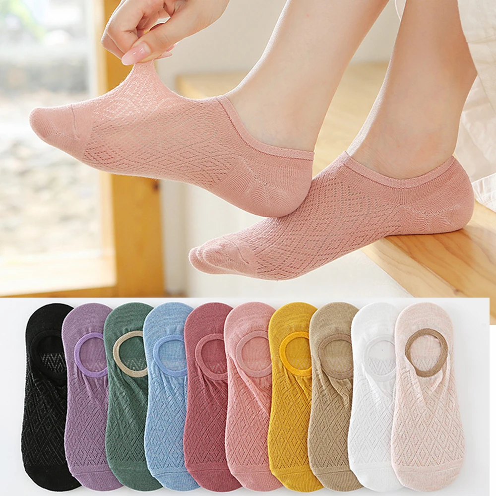 

10 Pieces = 5 Pairs Women Summer No-show Short Ankle Boat Socks Set Non-Slip Silicone Invisible Breathable Mesh Sock Slippers