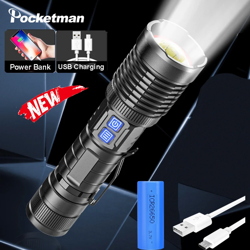 Pocketman-Lampe de poche LED aste USB avec porte-stylo, torche de camping, XGardens 99, 18650, 26650