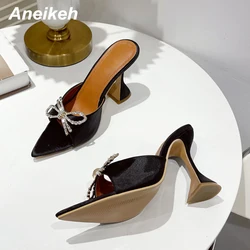 Aneikeh Fashion Pointed Open Toe Silk Sexy Thin High Heel Ladies Party Shoes Bling Crystal Butterfly-Knot Decoration Women Mules