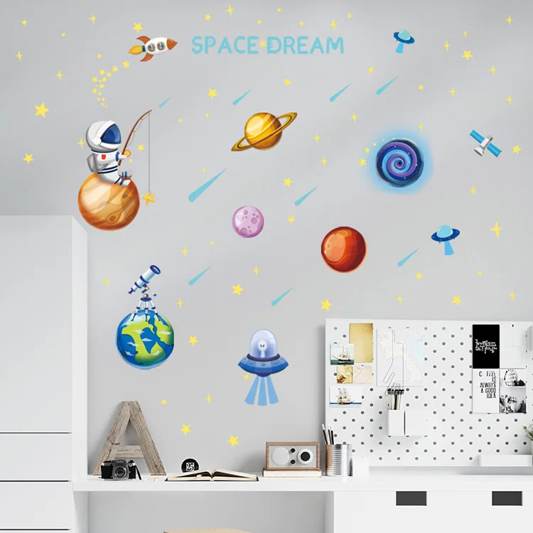 Leuchtende Weltraum-Planeten-Raketen-Wandaufkleber für Kinderzimmer, Schlafzimmer, Heimdekoration, Wandbild, Cartoon-Wohnzimmer, im Dunkeln leuchtende Aufkleber – Detail 10