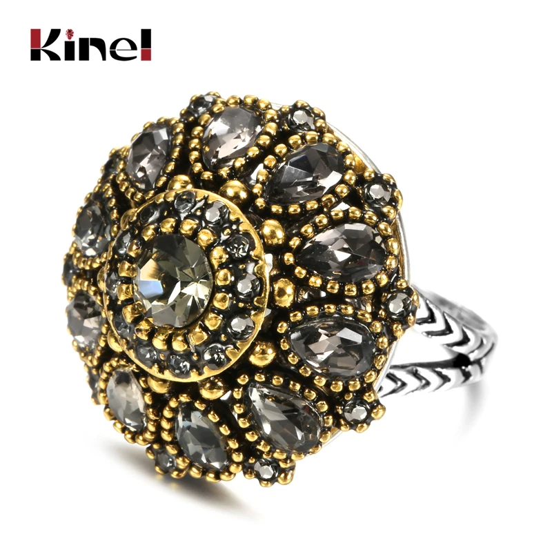 Kinel Luxury Vintage Gray Cubic Zircon Big Rings For Women Antique Silver Color Crystal Flower Ring Wedding Engagement Jewelry