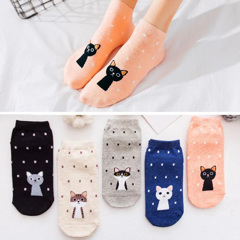 

5Pairs Spring Summer Cartoon Cat Socks Cute Animal Women Socks Funny Ankle Socks Ladies Girls Cotton Invisible Socks Dropship