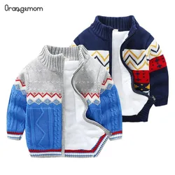 Brand Children Sweater Winter Spring Kids Knitted Sweaters For Boys Cardigan Thick Baby Jacket Velvet Lined Gray And Blue Coat