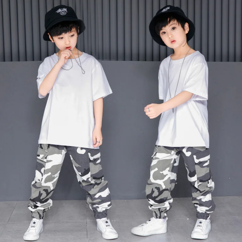 Kids Hip Hop Costumes White T Shirt Top Camouflage Pants for Girls Boys Jazz Dance Costume Ballroom Dancing Clothes Street Wear