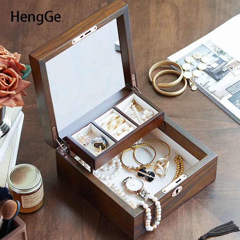 

Black Walnut Wood Jewelry Storage Box with Lock Retro Crafts Decor Earrings Ring Organizer Case Room Decoration Accessories