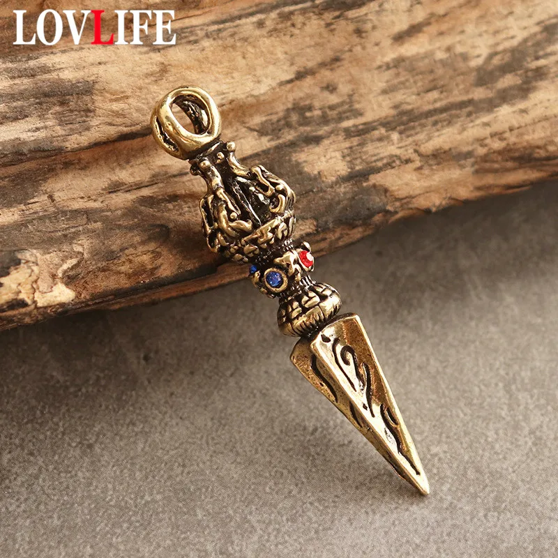 Color Vajra Pestle Car Keychain Pendant Jewelry Retro Brass Buddhist Tool Key Chain Lucky Auspicious Keyring Hangings Avoid Evil