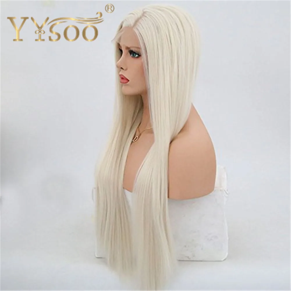 YYsoo Platinum Blonde Synthetic Hair Lace Front Wigs for White Women Silk Straight Long Glueless Half Hand Tied Replacement Wig