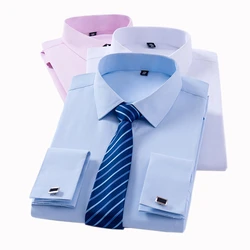 Camisas de vestir clásicas con puños franceses para hombre, esmoquin de manga larga sin bolsillo, camisa masculina con gemelos, fiesta Formal, boda, blanco, azul