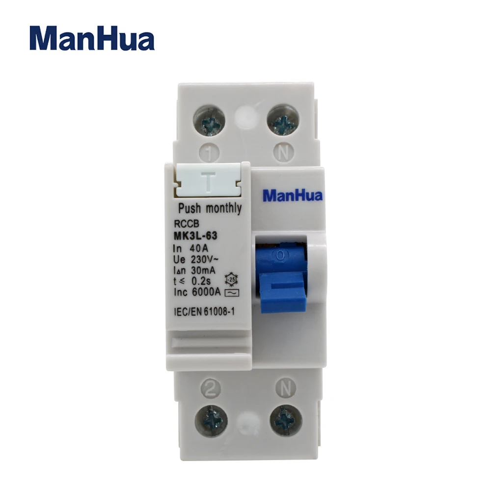 Double Poles MK3L-63 16A 20A 40A Electronic RCBO 240VAC 30mA 2P 6KA Residual Current Circuit Breaker Electric Leakage Protection