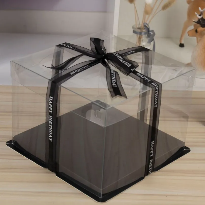 2pcs Very Easy to Fold Clear Lid All Transparent Black Square Cake Box For Cakes Gifts Package