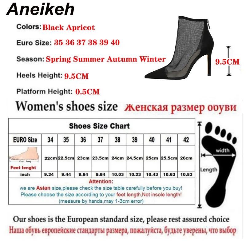 Aneikeh NEW 2024 Fashion Summer Ventilation Mesh Ladies Boots ANKLE Pumps 9.5CM Thin Heels Pointed Toe ZIP Solid Women\'s Shoes