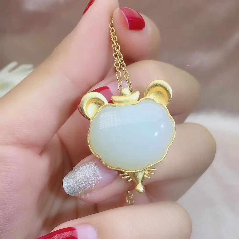 KJJEAXCMY fine jewelry natural white jade 925 sterling silver women mouse gemstone pendant necklace chain support test beautiful