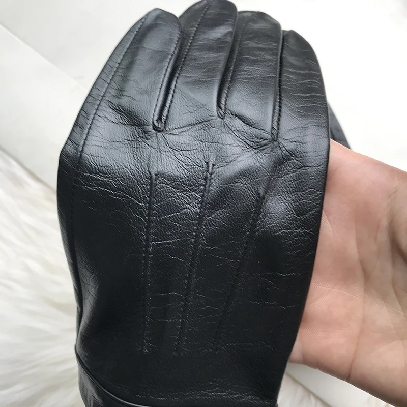 Unlined Gloves Wrist Button Sheep Leather Touch Screen Winter Gloves For Men Black Thin Lining Genuine Leather