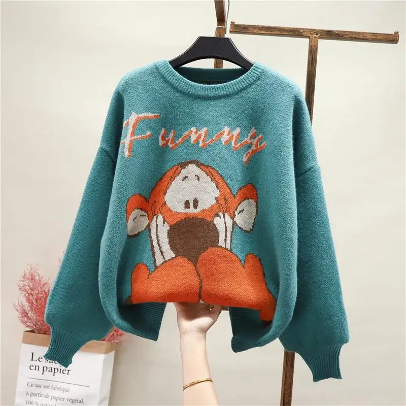 Korobov 2021 New Cute Autumn Sweaters Korean O Neck Long Sleeve Oversize Sueter Mujer Japanese Kawaii Cartoon Knitted Sweater