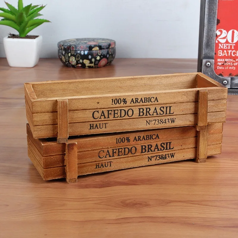 Retro Garden Plant Pot Vintage Wooden Storage Box for Sundries Stationery Pen Box Succulents Flower Pots Balcony Home Decoration